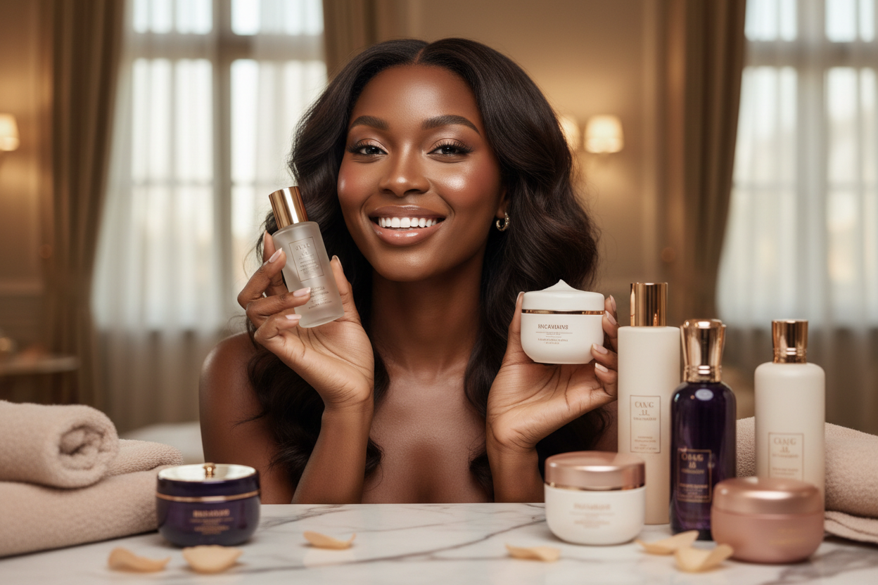 beautiful smily black woman enjour our beauty brand products